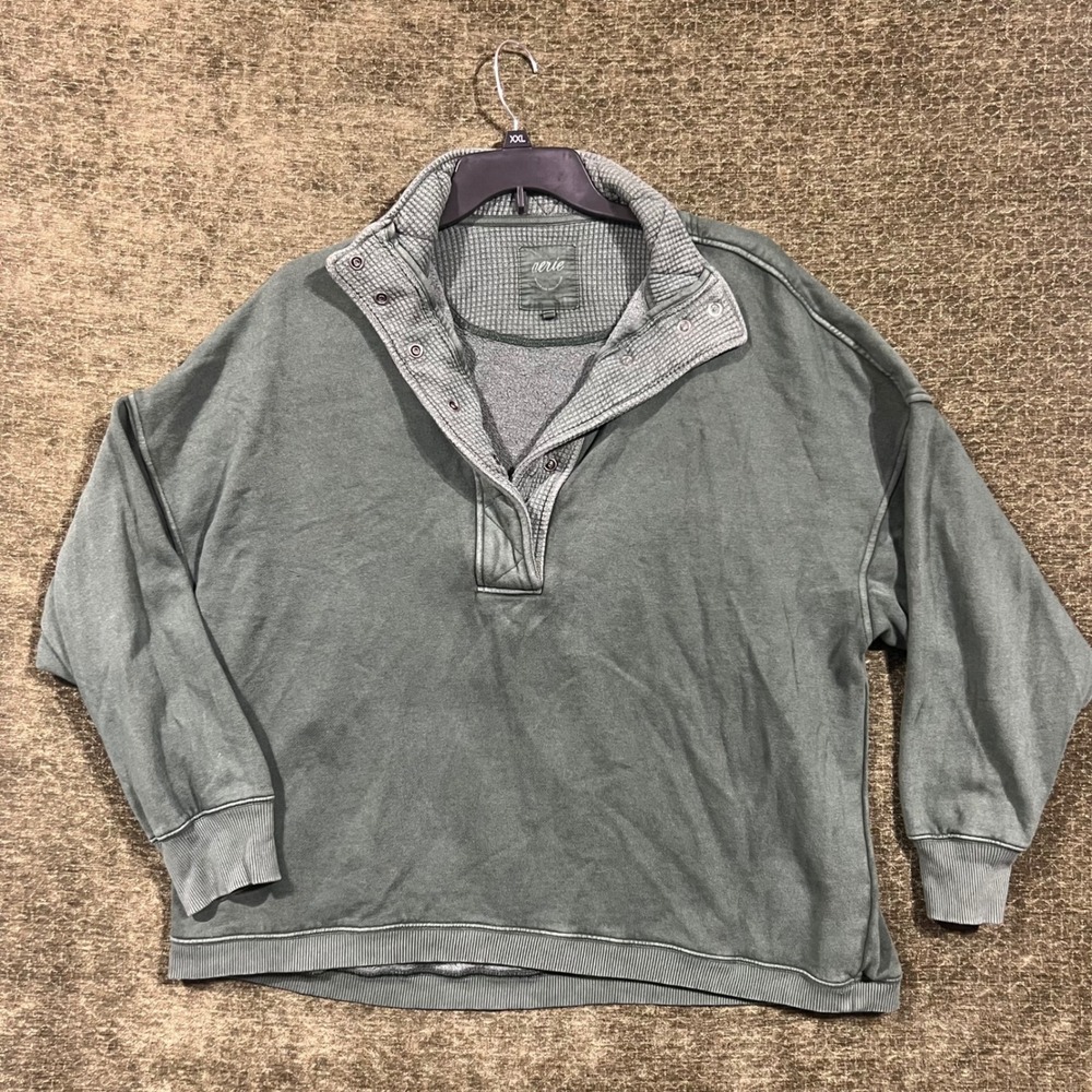 Aerie Sweatshirt Women XL Green Snap Neck Waffle Trim Oversized Pullover